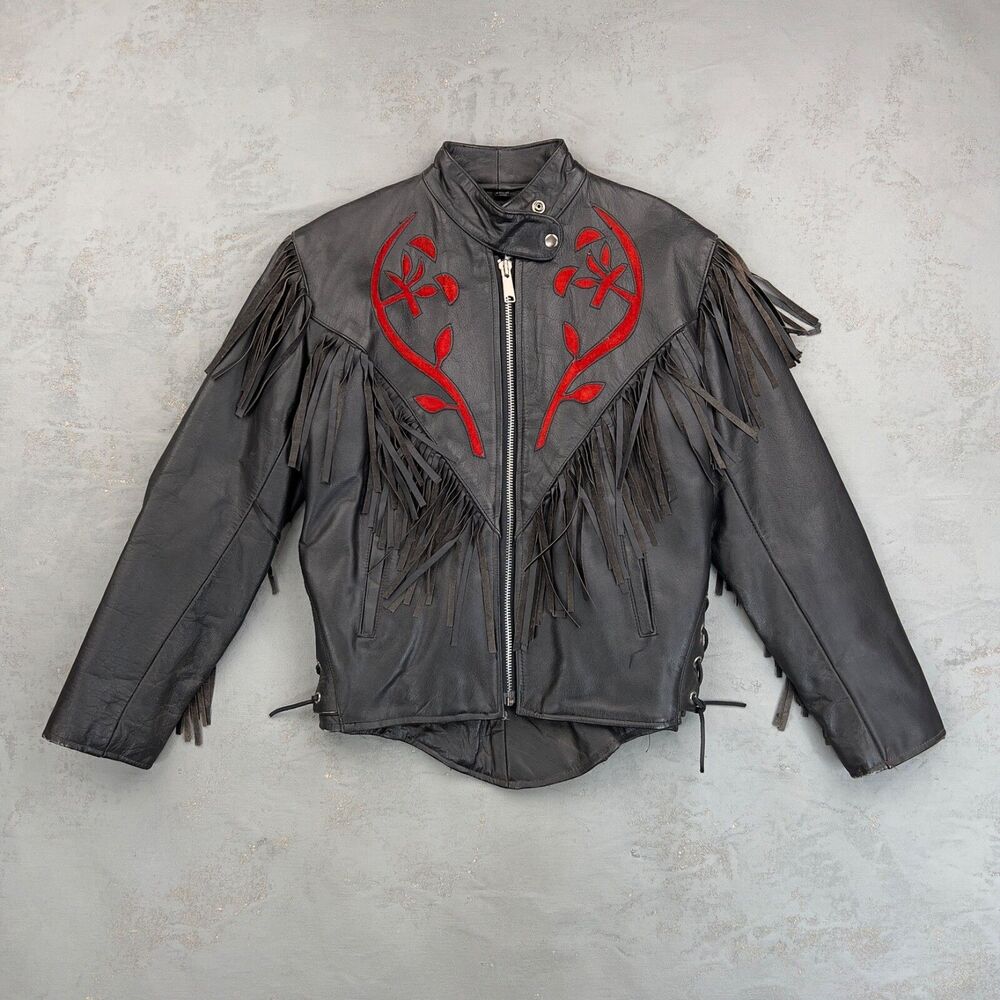 Vintage 1990s Leather 2000 Fringed Leather Jacket w/ Suede Detailing Women's M